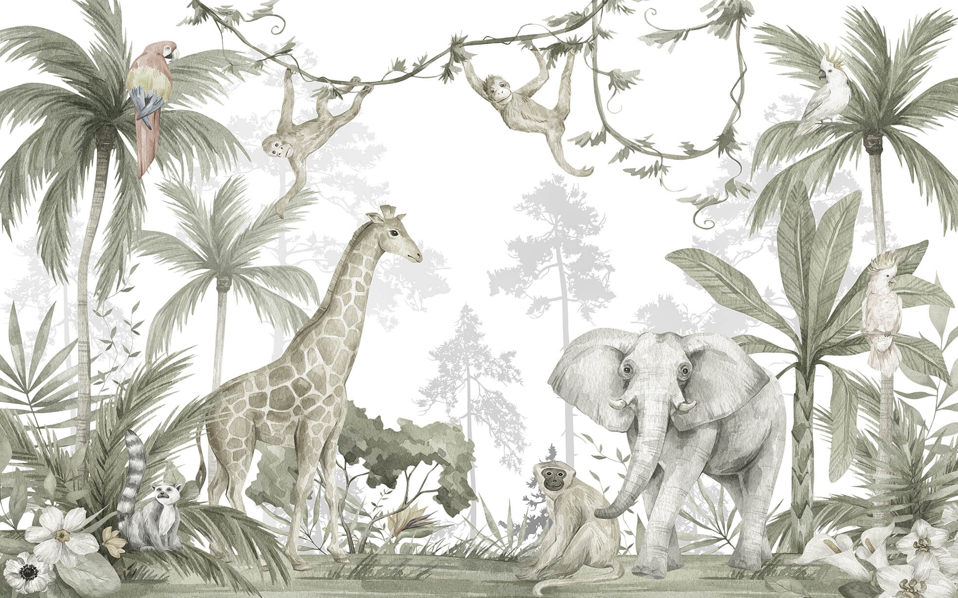 Light Green Safari Animals Wallpaper Mural