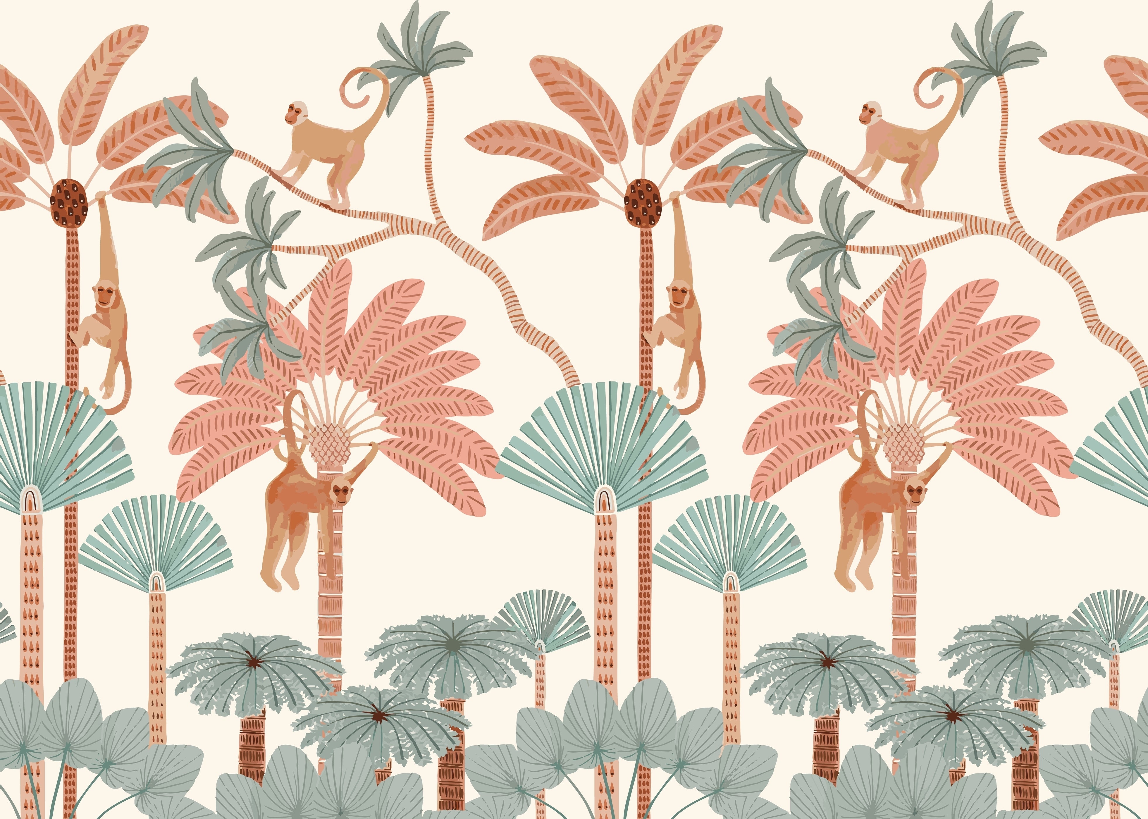 Cartoon Hanging Monkeys Red-Green Wallpaper Mural