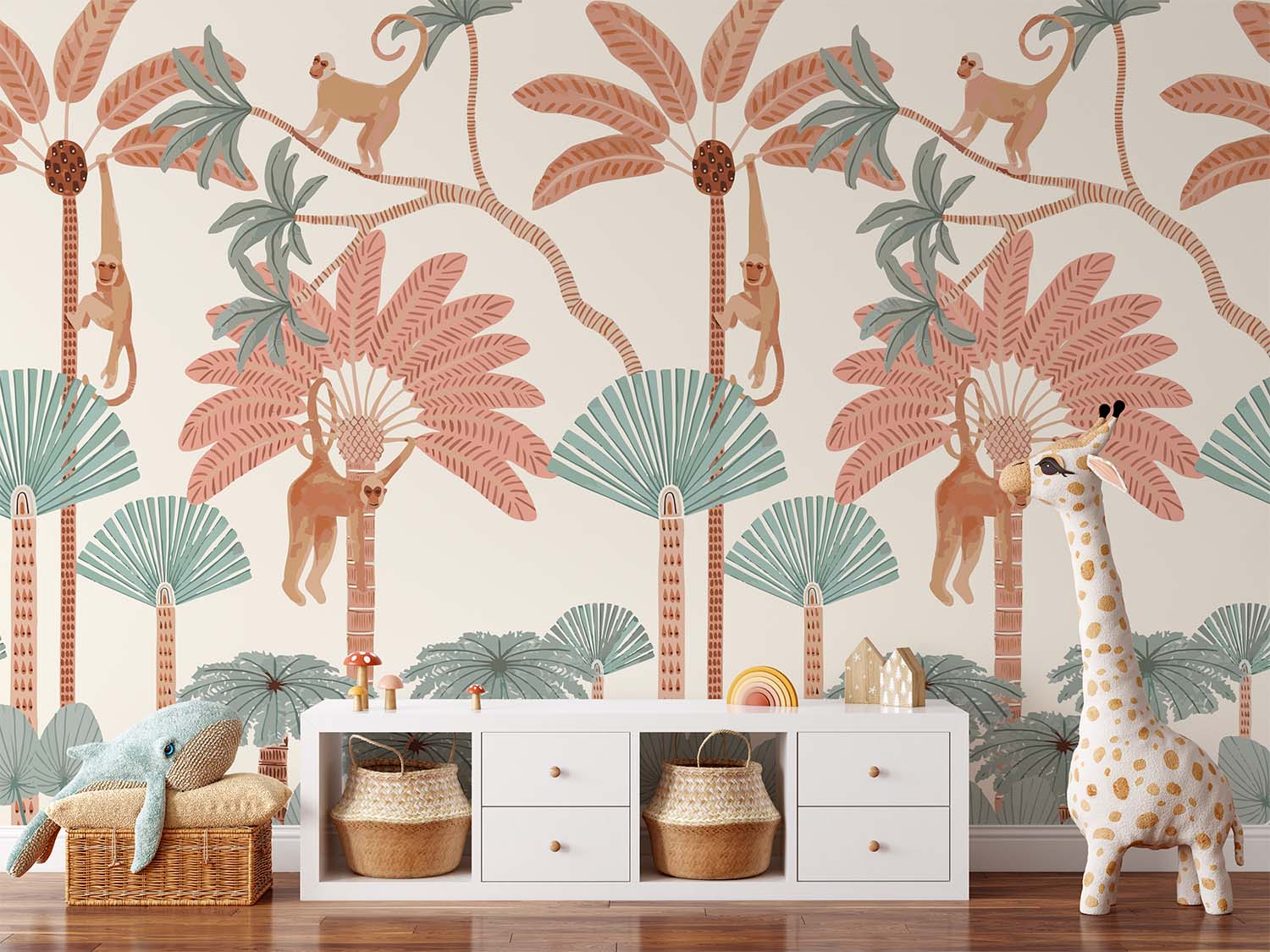 Cartoon Hanging Monkeys Red-Green Wallpaper Mural