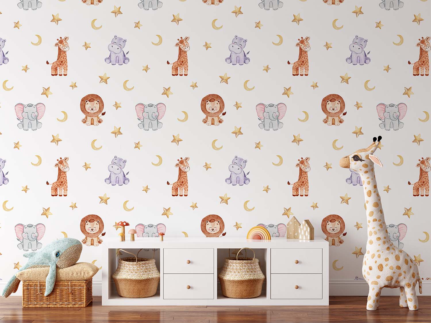 Cartoon Safari Animals Stars and Moon Seamless Wallpaper