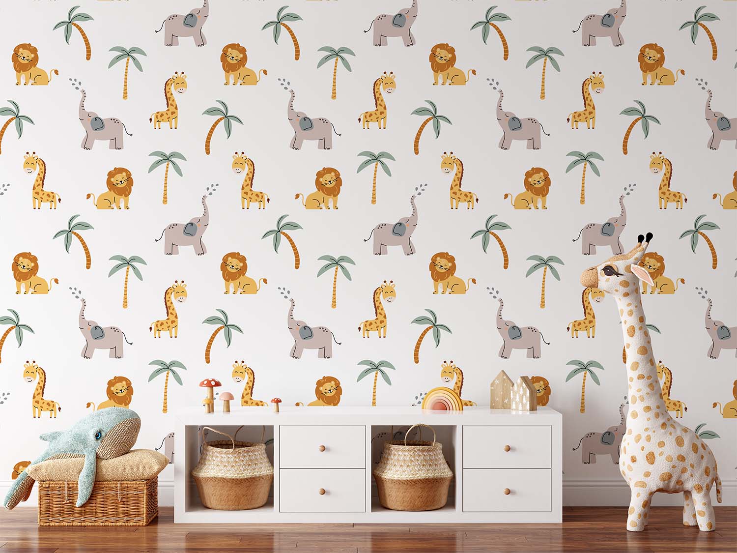 Cartoon Safari Animals With Palm Trees Seamless Wallpaper