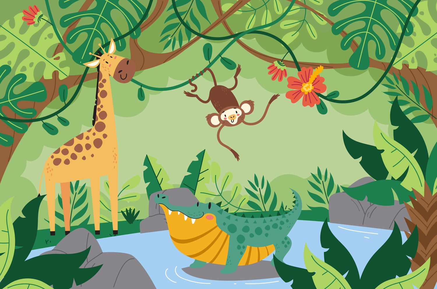 Cartoon Animals Crocodile in Pond Wallpaper Mural