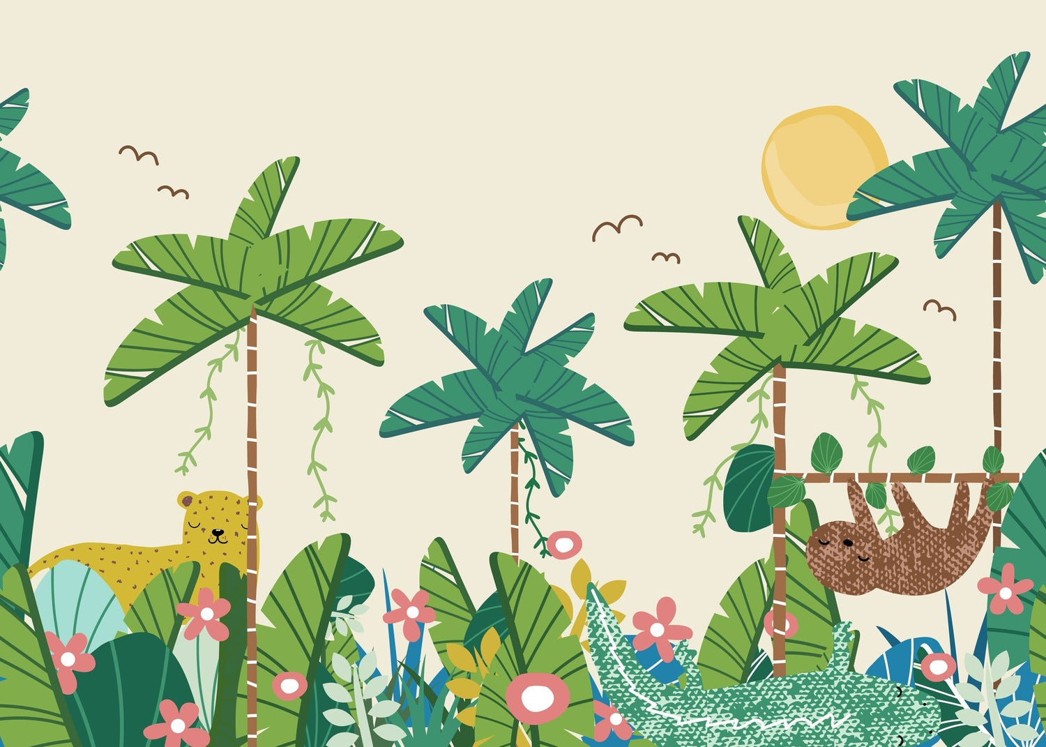 Cartoon Sloth and Leopard Sunny Day Wallpaper Mural