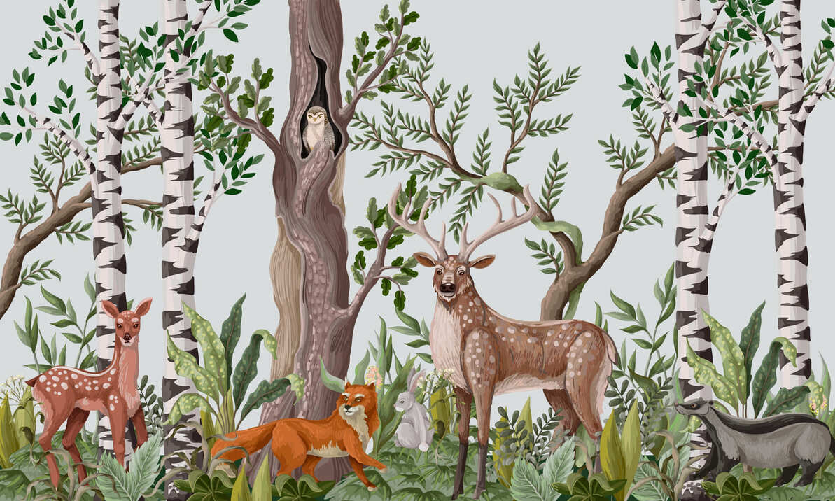 Deer and Woodland Animals Birch Forest Wall Mural Wallpaper