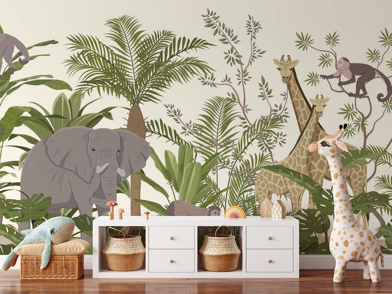 Elephant Giraffe and Monkeys Cartoon Wallpaper Mural