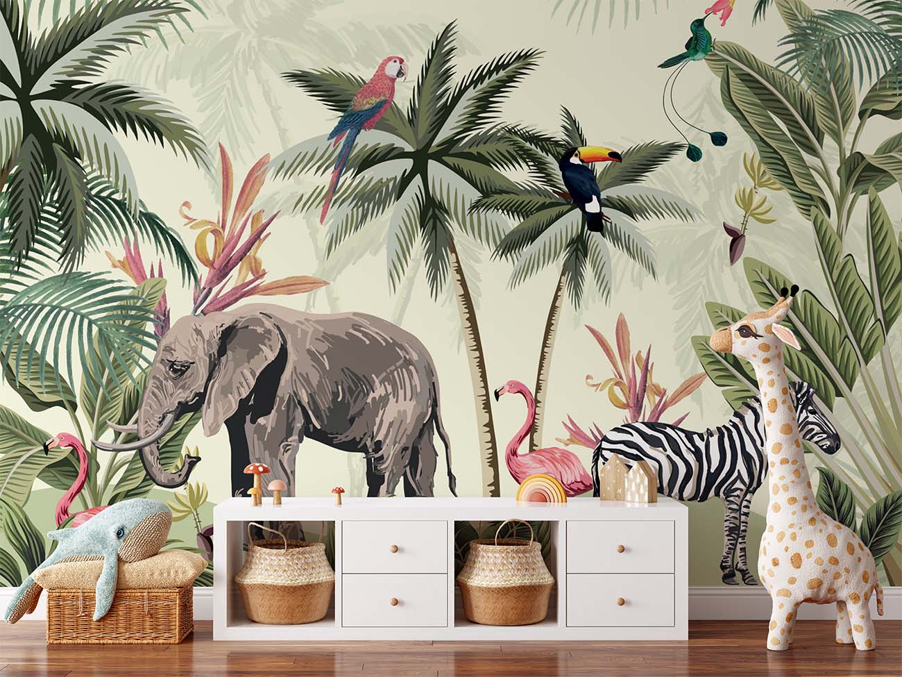 Elephant Zebra Flamingos Watercolor Art Wallpaper Mural