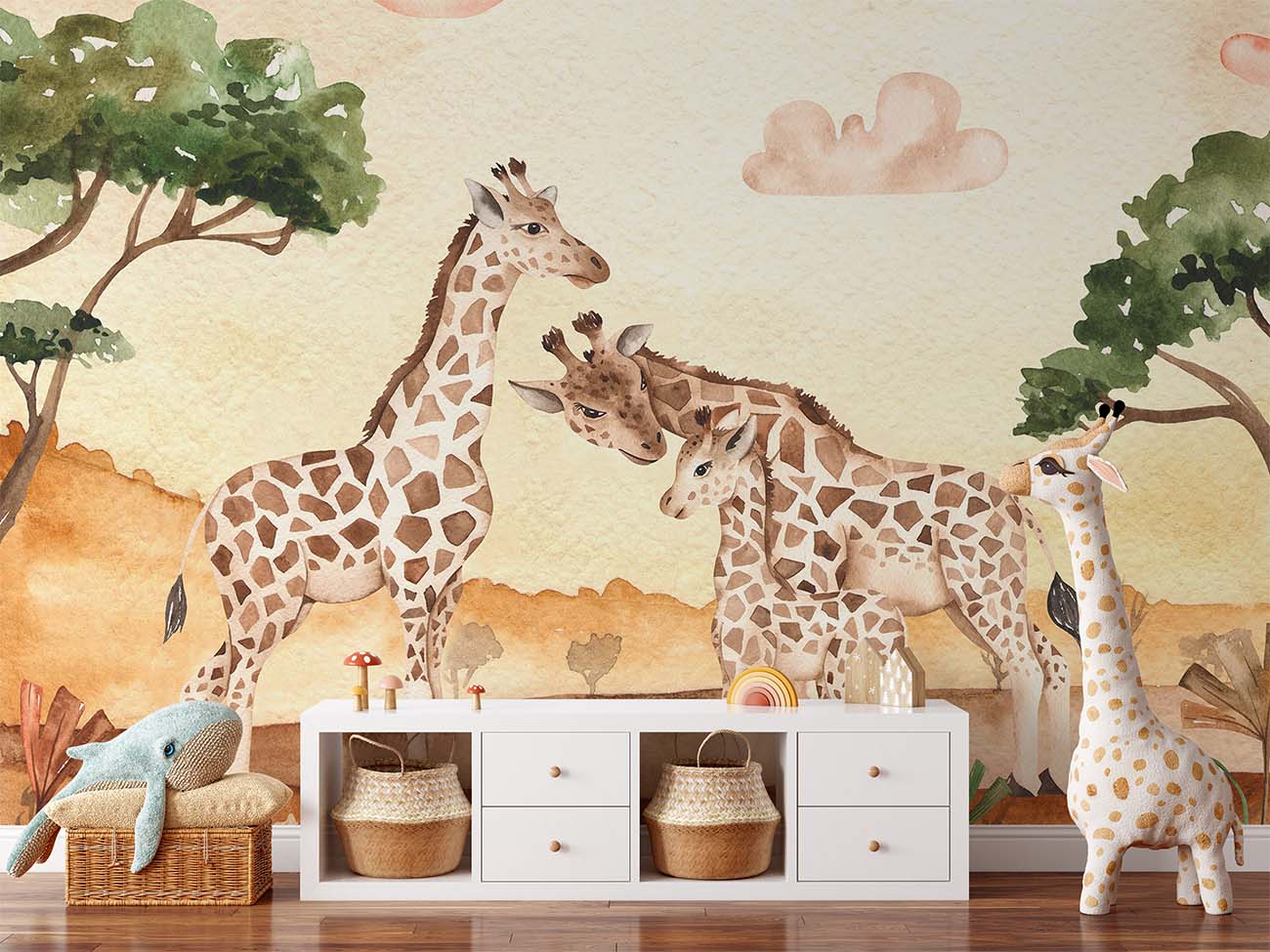 Fabulous Giraffe Family Sunset Wallpaper Mural