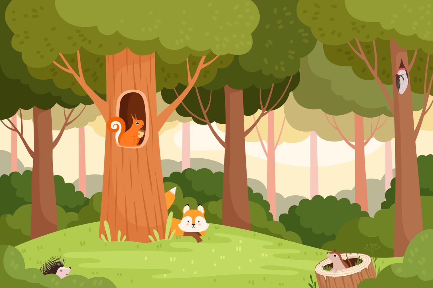 Forest Animals Tree Holes Kids Room Wall Mural Wallpaper