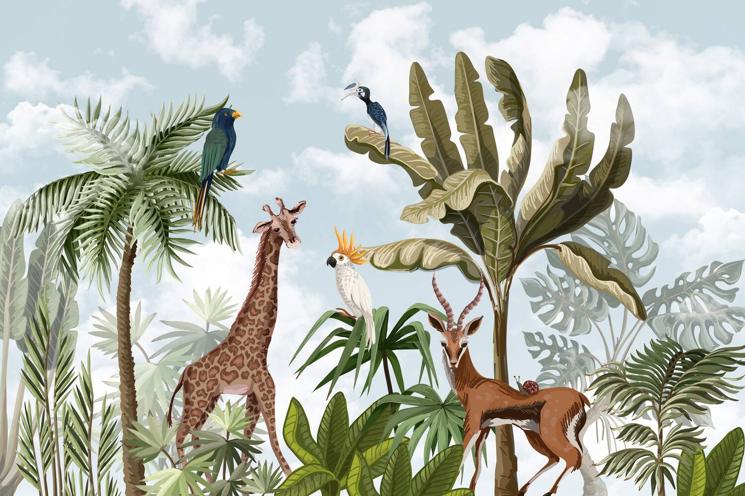 Giraffe Antelope Cloudy Sky Wallpaper Mural