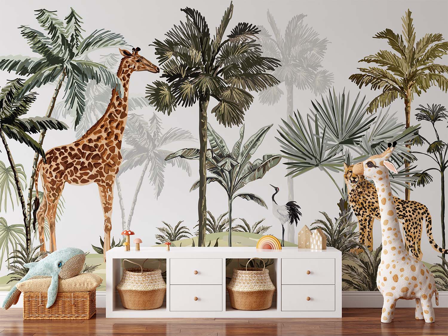 Giraffe and Leopard Safari Hills Wallpaper Mural
