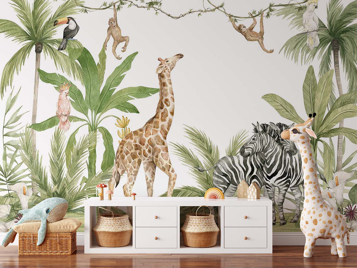 Giraffe and Zebras Watercolor Wallpaper Mural