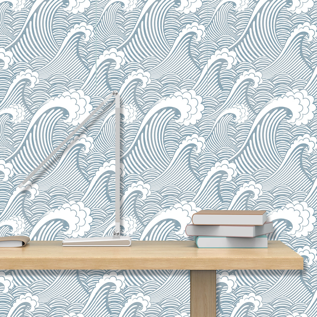 Painted Blue/White Waves Peel And Stick Wallpaper