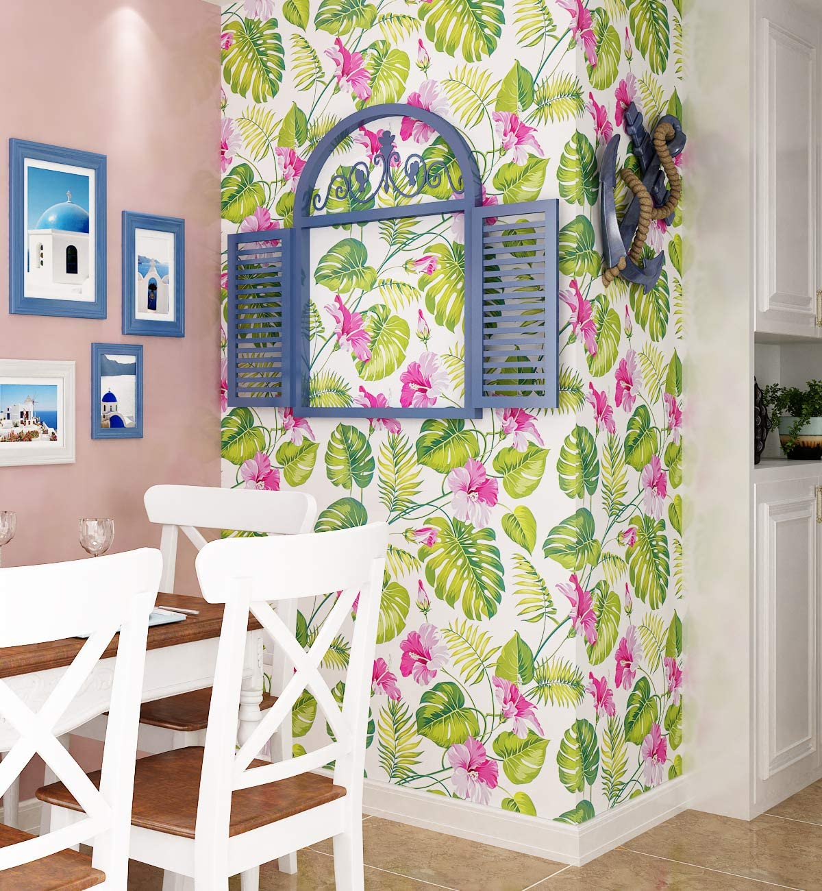 Pink Flowers And Leaves Self-Adhesive Wallpaper