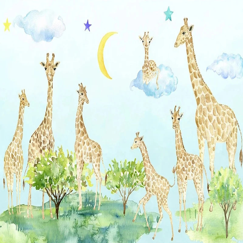 Watercolor Giraffe Herd with Moon and Clouds Nursery Wall Mural Wallpaper