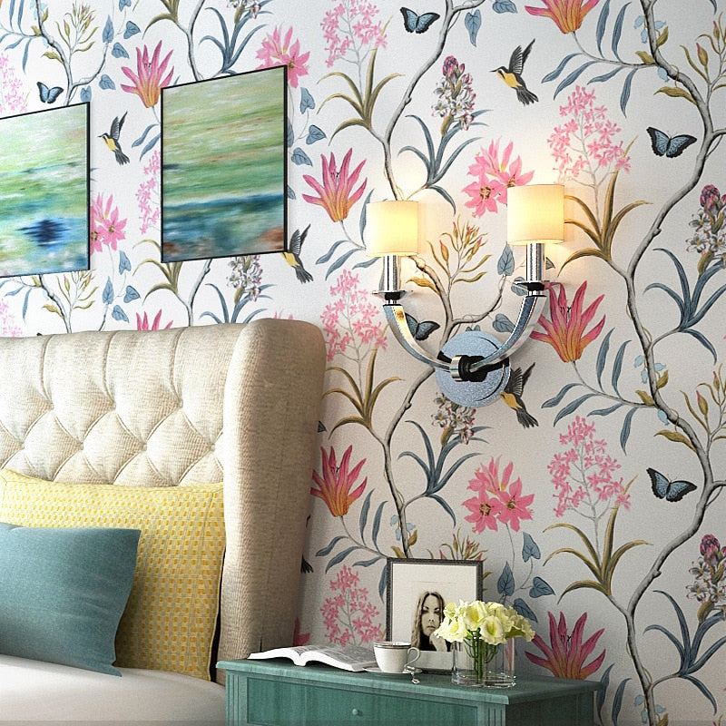 Pink Floral Birds And Butterflies Peel and Stick Wallpaper