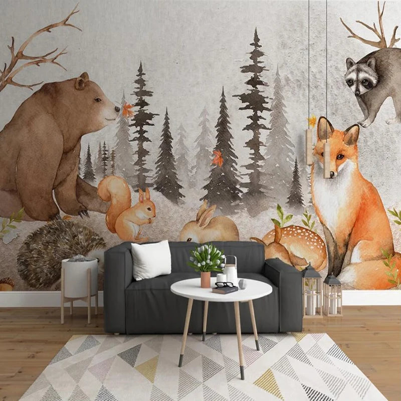 Bear Fox and Squirrel Among Gray Pine Forest Wall Mural Wallpaper