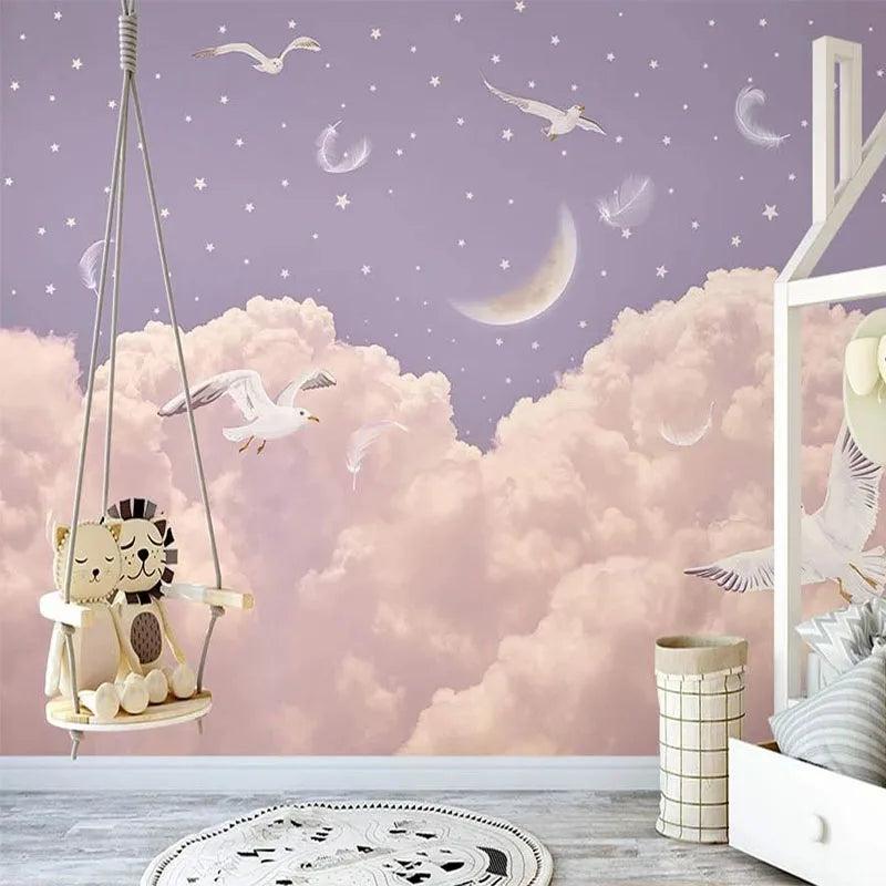 Celestial Clouds and Birds Nursery Wall Mural Wallpaper