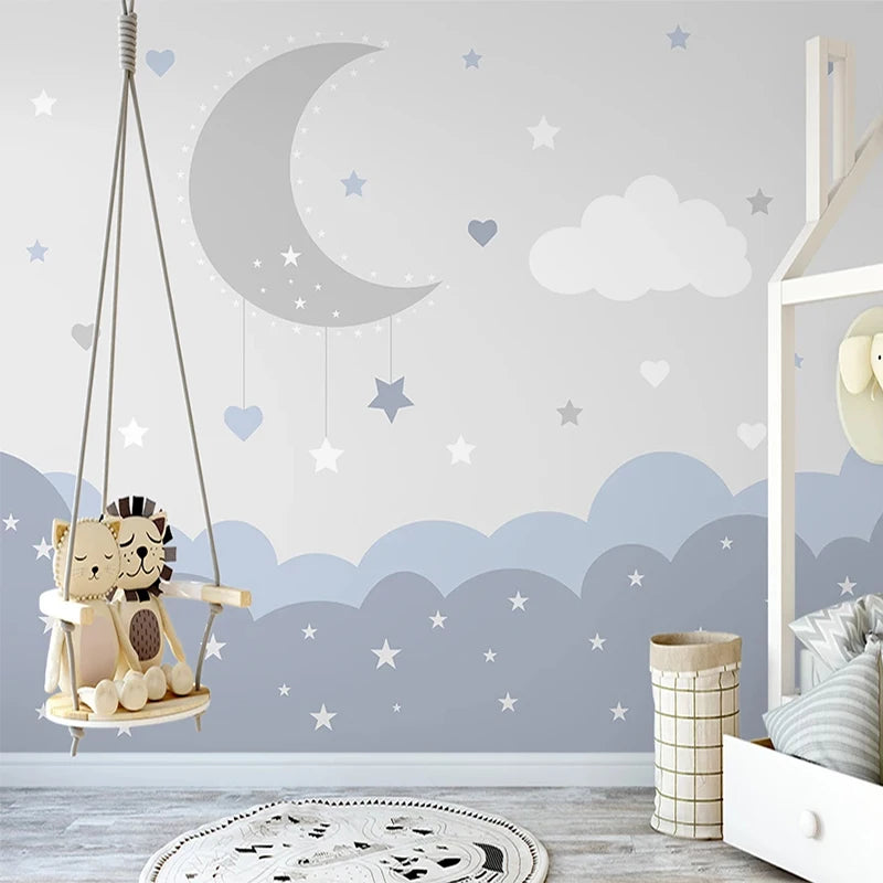 Crescent Moon with Hanging Stars and Cloudscape Nursery Wall Mural Wallpaper