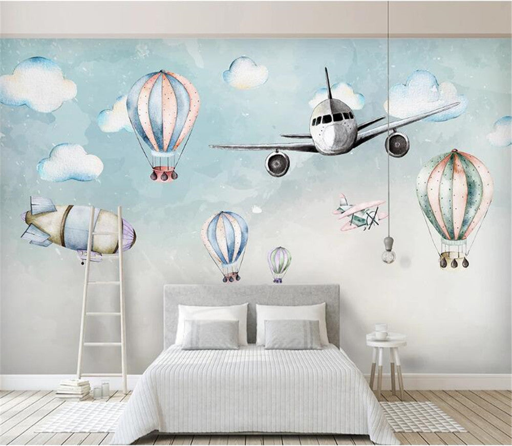 Cartoon Airplane And Hot Air Balloons Wallpaper Mural