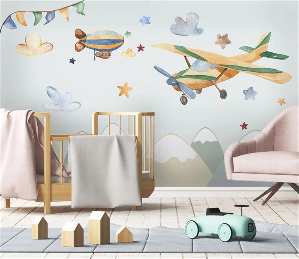 Hand-painted Airplane And Mountains Wallpaper Mural