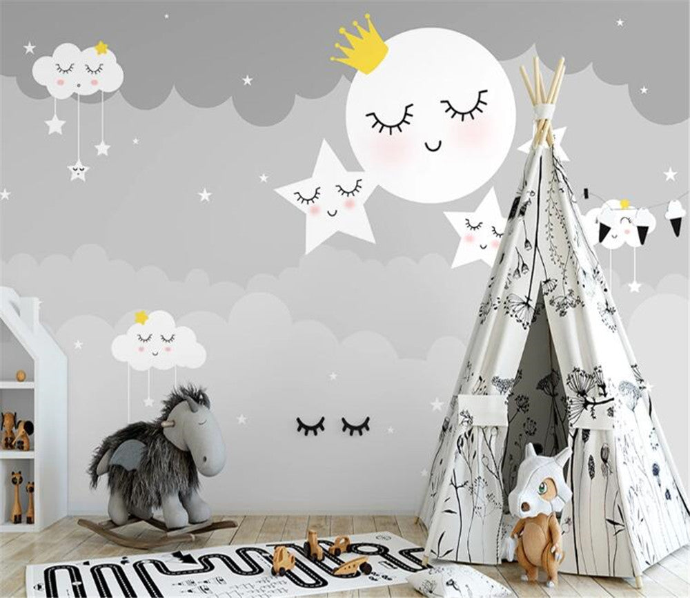 Grey Clouds With Moon And Stars Wallpaper Mural