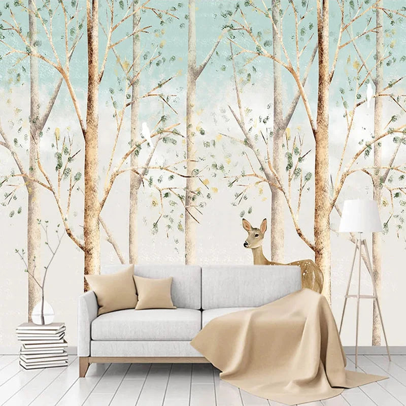 Woodland Fawns Tree Trunks Wall Mural Wallpaper