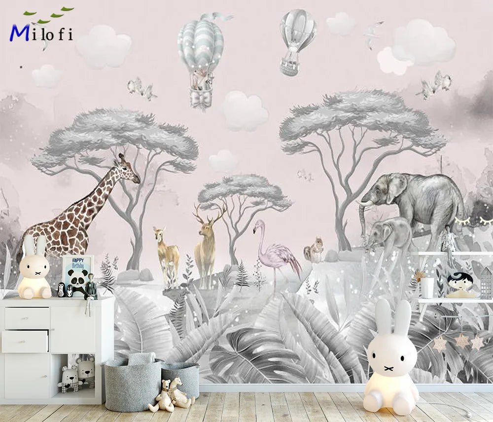 Tropical Rainforest Pink Sky Animals Wallpaper Mural