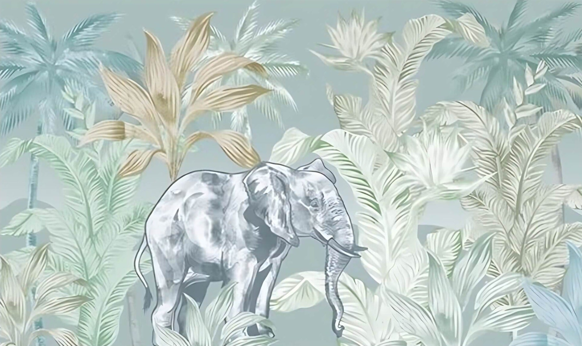 Tropical Plants And Elephant Wallpaper Mural
