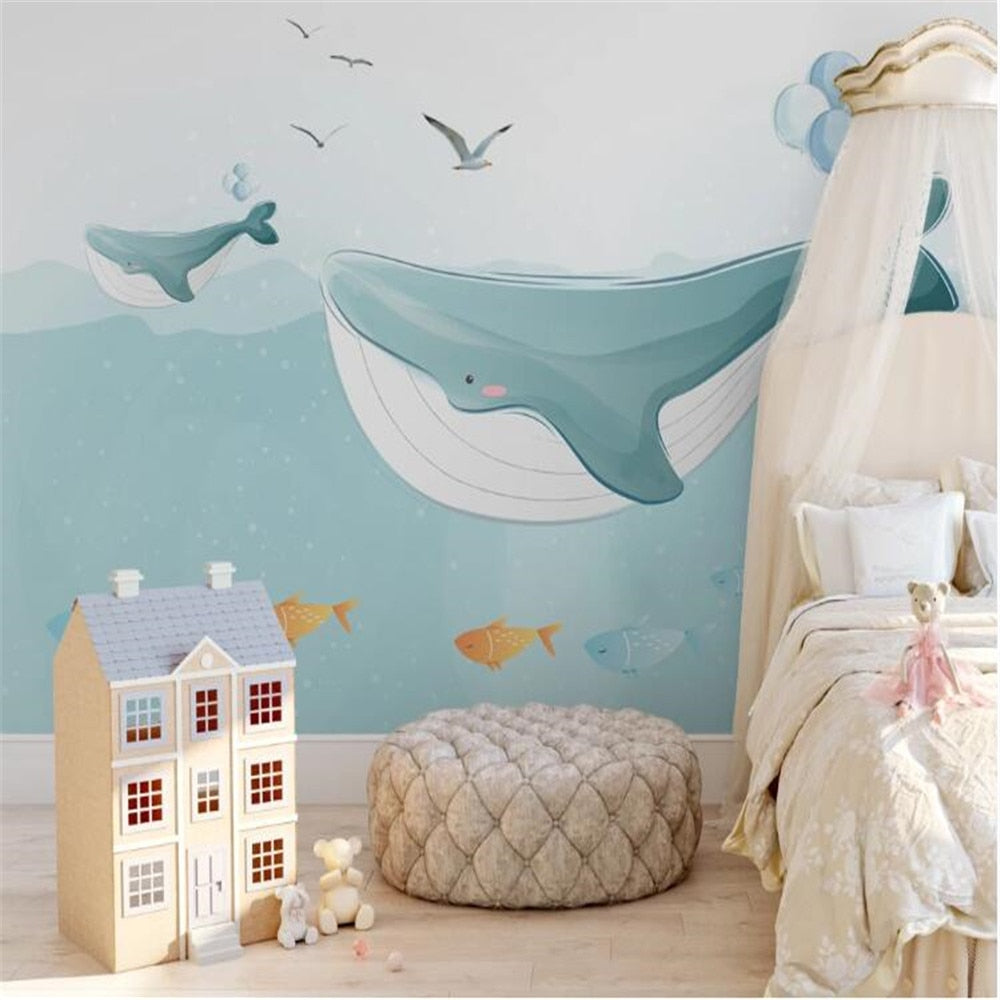Cute Whales And Seagulls Wallpaper Mural