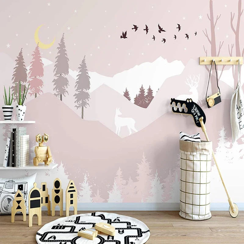 Pastel Color Woodland Scene Pink Wall Mural Wallpaper