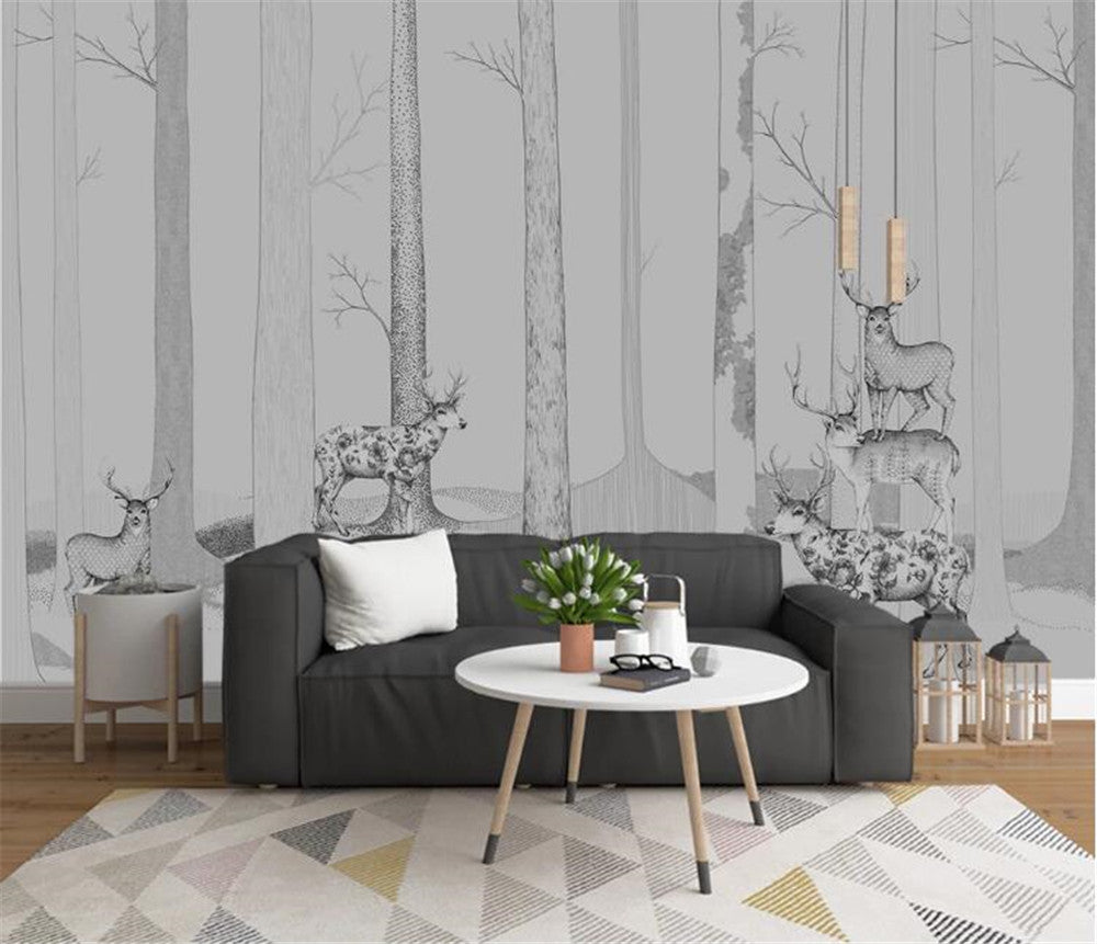 Hand-Painted Forest With Deer Wallpaper Mural