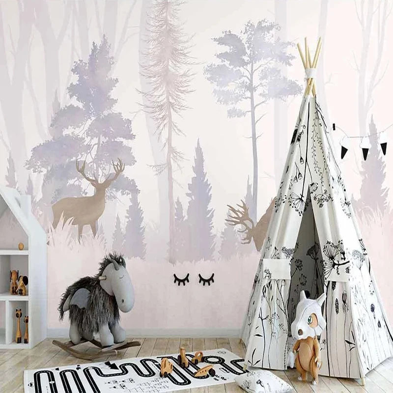 Woodland Scene with Forest Elks Wall Mural Wallpaper