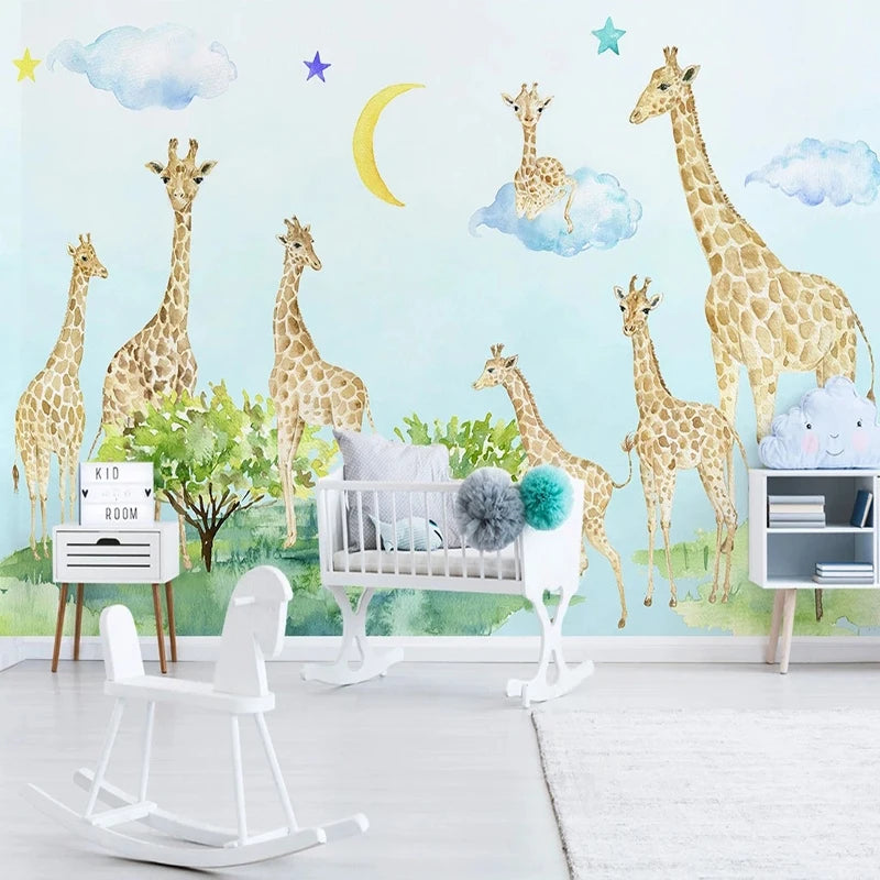 Watercolor Giraffe Herd with Moon and Clouds Nursery Wall Mural Wallpaper