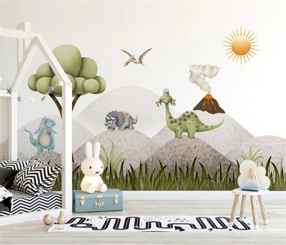 Cute Dinosaurs On Mountains Wallpaper Mural
