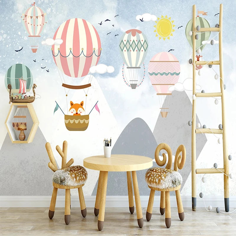Striped Hot Air Balloons Over Mountain Peaks with Fox Pilot Wall Mural Wallpaper