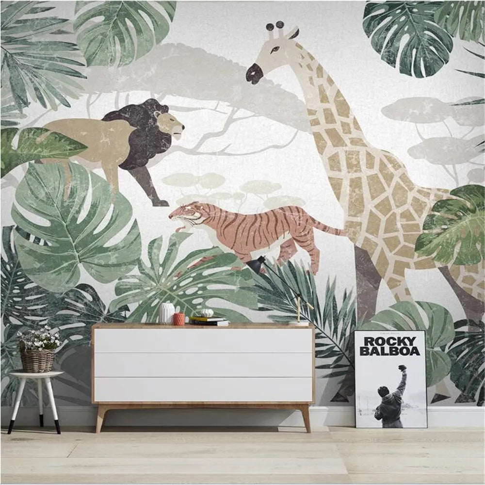Painted Tropical Plants Animals Wallpaper Mural
