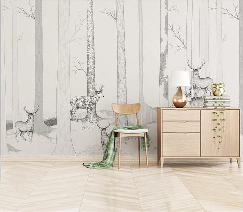 Hand-Painted Forest With Deer Wallpaper Mural