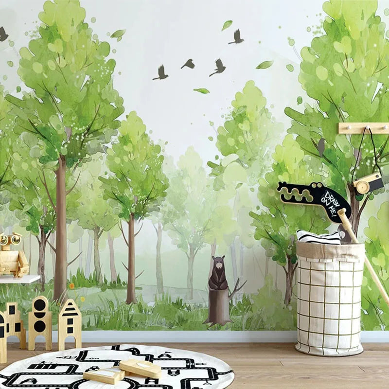Woodland Scene with Bear and Birds Wall Mural Wallpaper