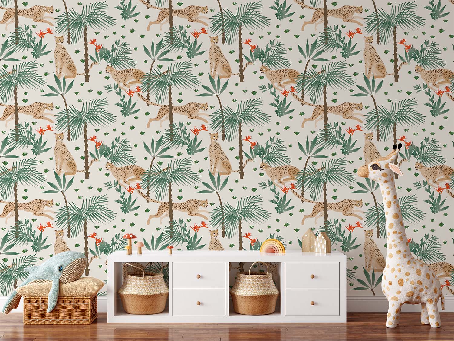 Leopards and Strelitzia Jungle Seamless Wallpaper