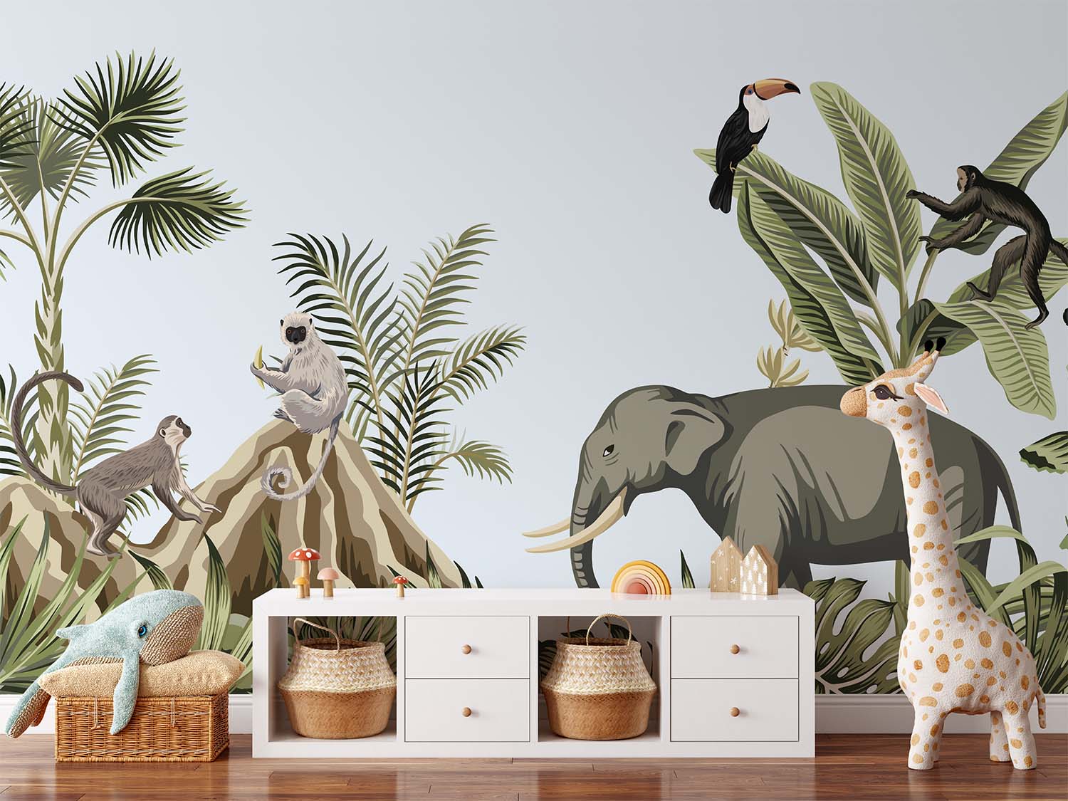 Monkeys and Elephant Safari Adventure Wallpaper Mural