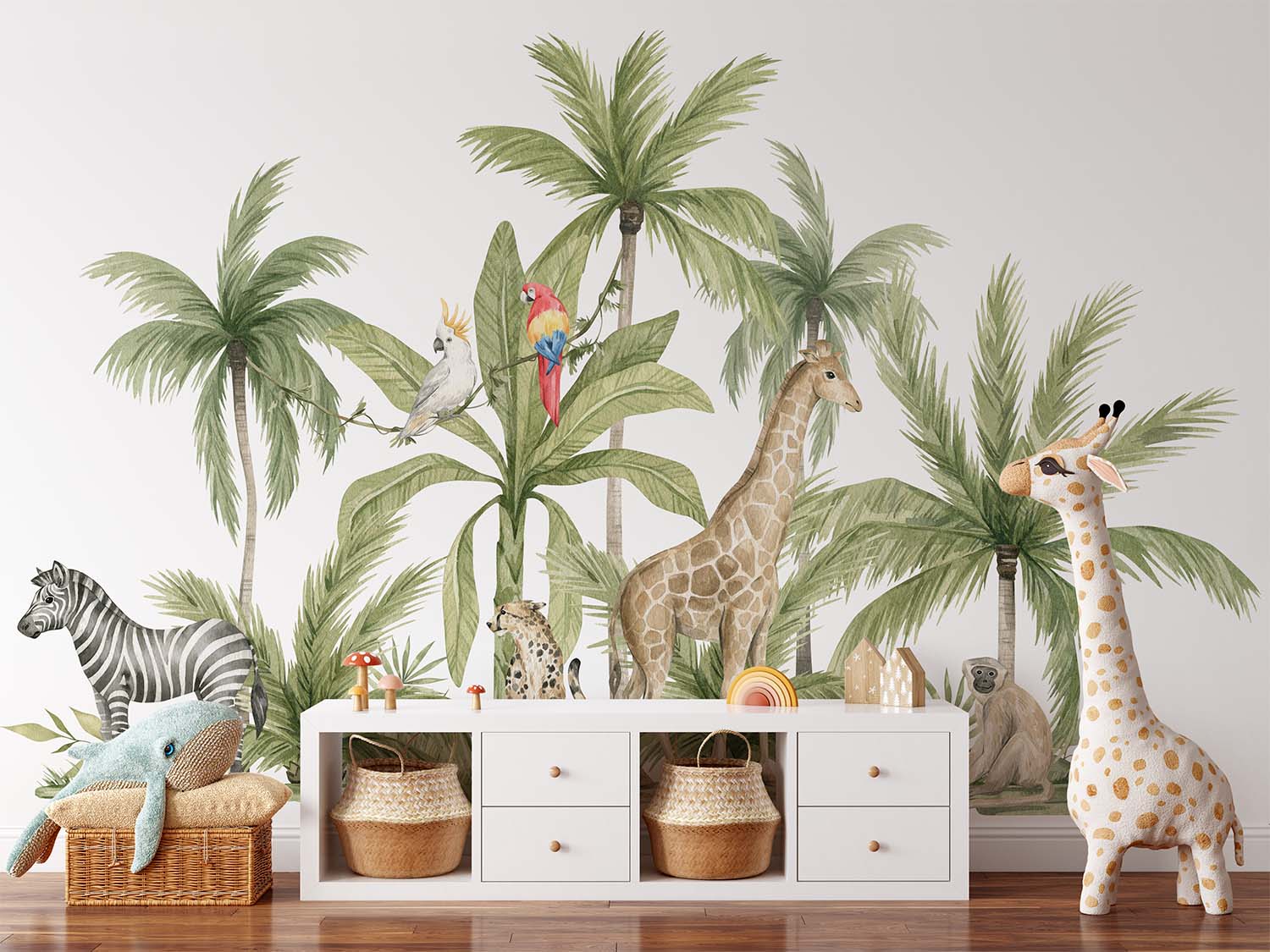 Painted Plam Trees Animals Wallpaper Mural