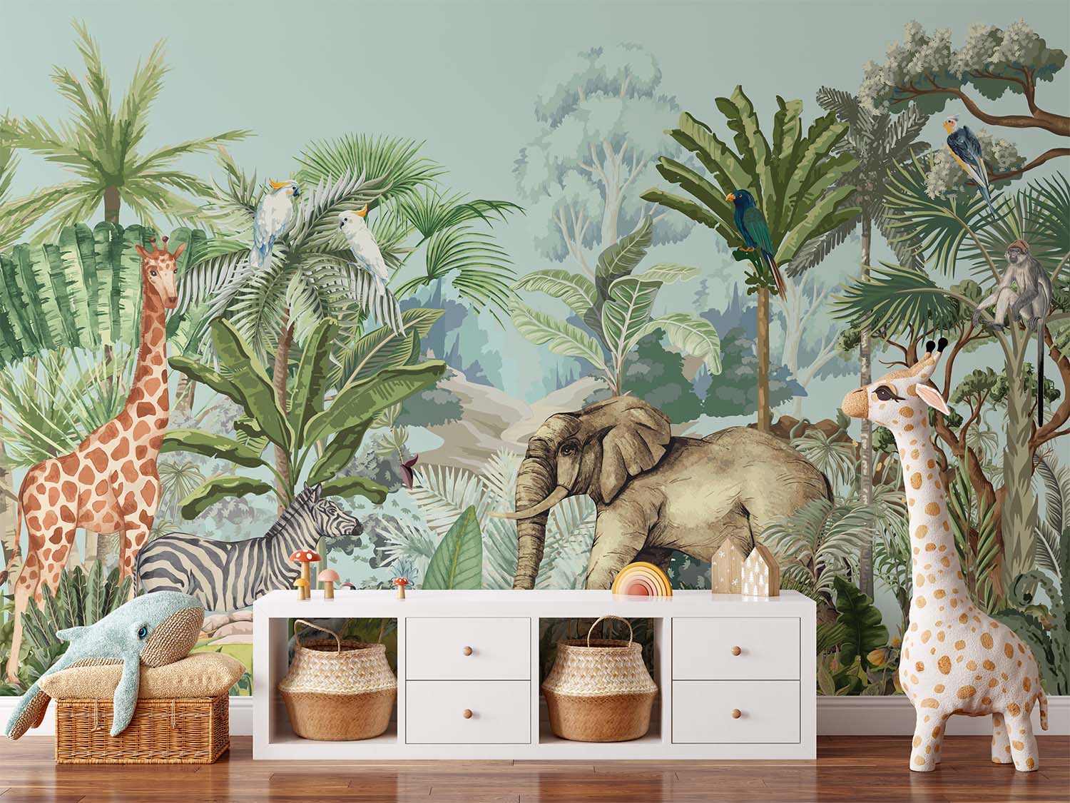 Painted Tropical Wildlife Cartoon Wallpaper Mural