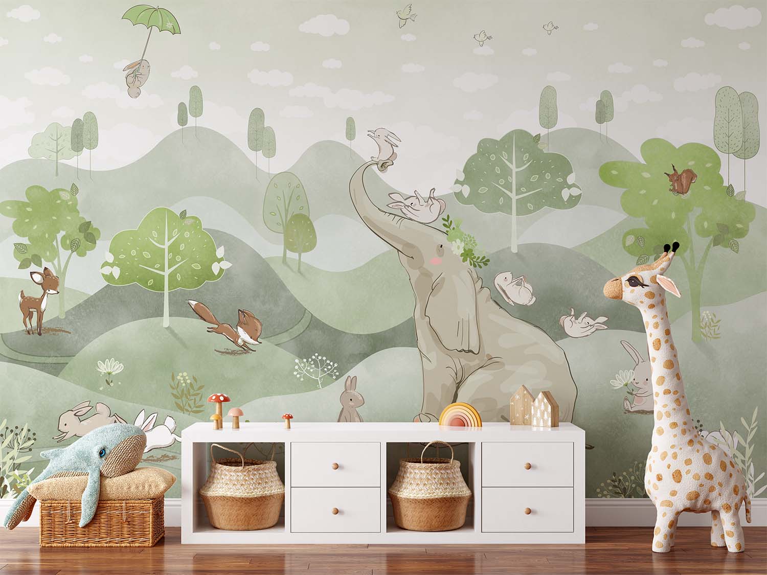 Playful Rabbits and Elephant Wallpaper Mural