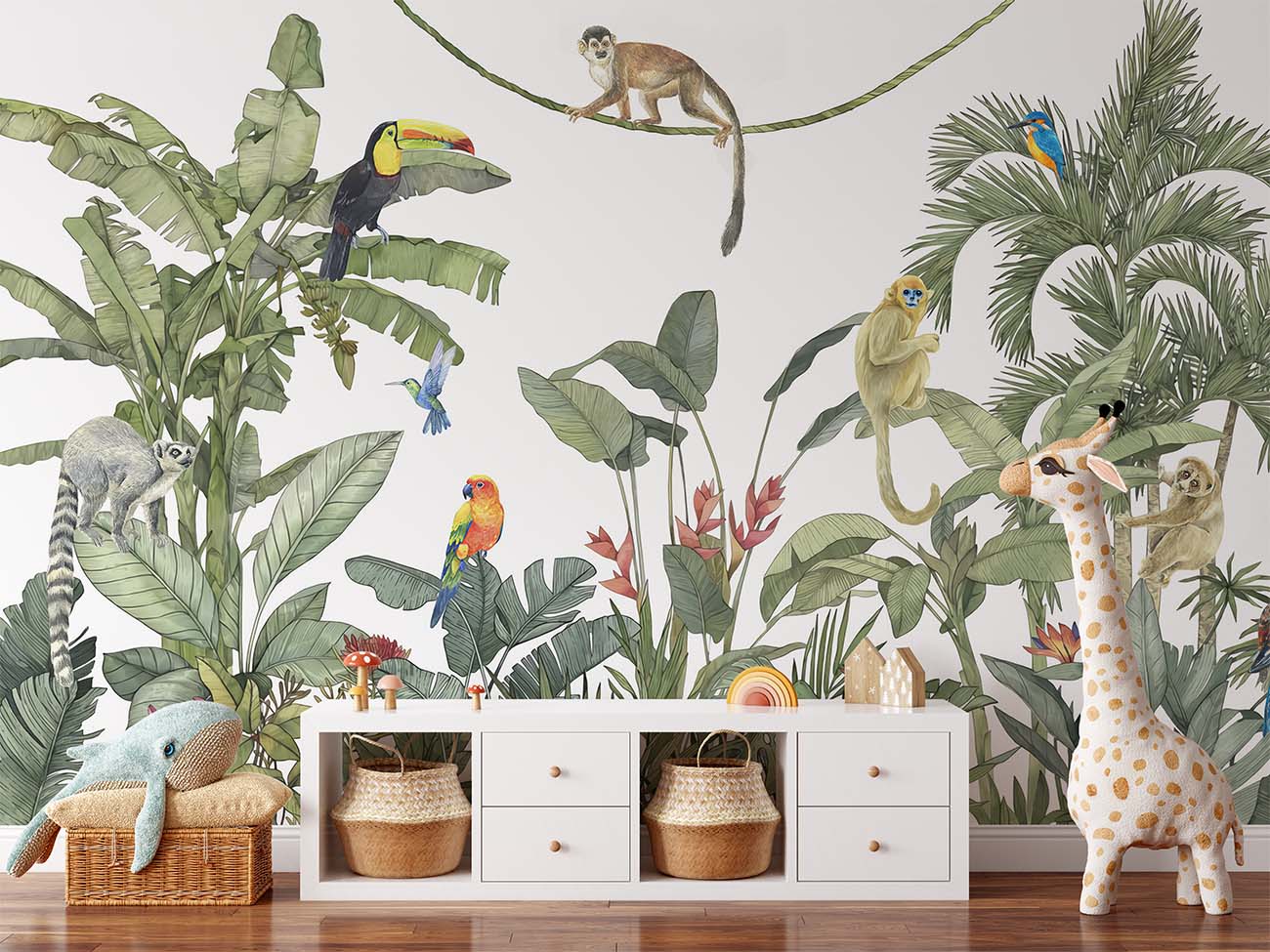 Rainforest Tropical Birds and Monkeys Wallpaper Mural
