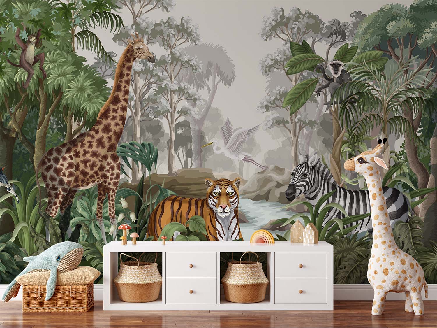 Realistic Jungle Animals River Wallpaper Mural
