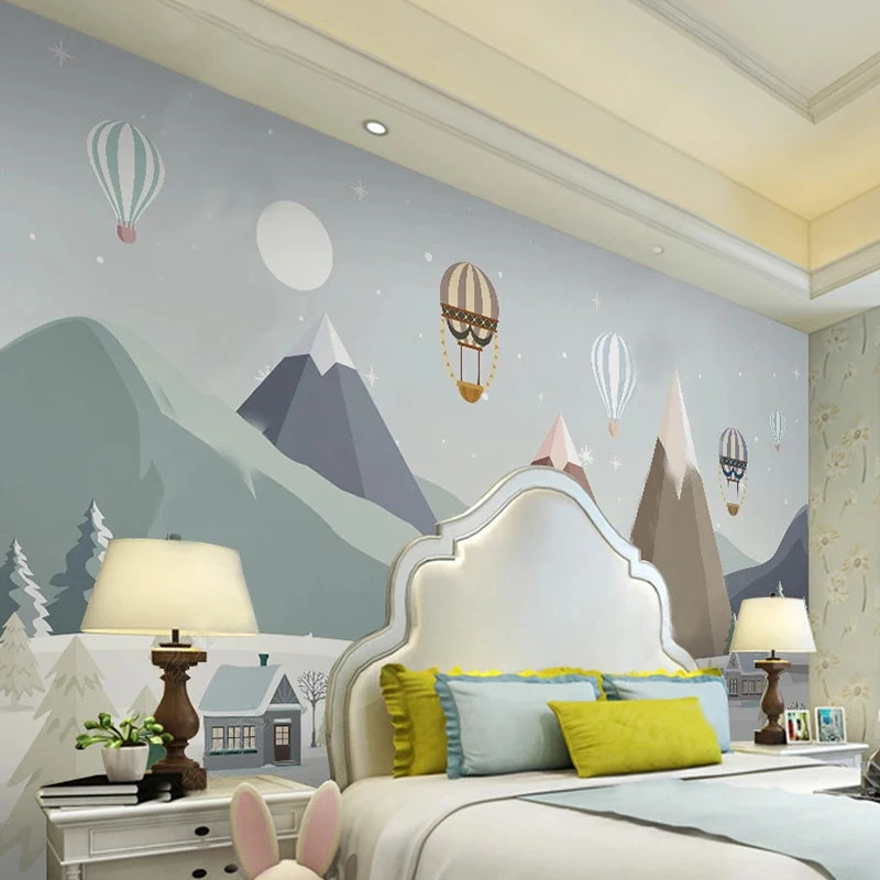 Geometric Mountain Village and Balloons Wall Mural Wallpaper