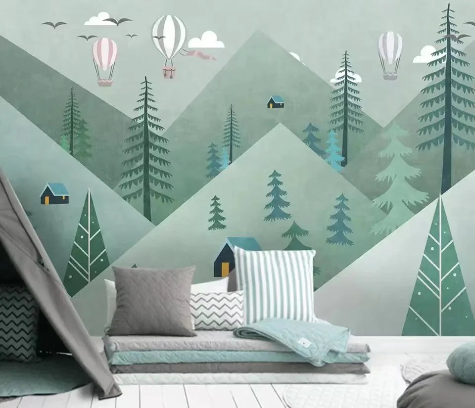 Minimalist Pine Forest Mountains Wallpaper Mural