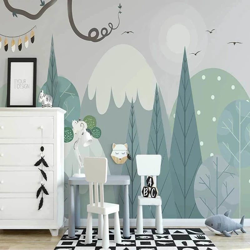 Coniferous Forest with Mountain Peaks Wall Mural Wallpaper