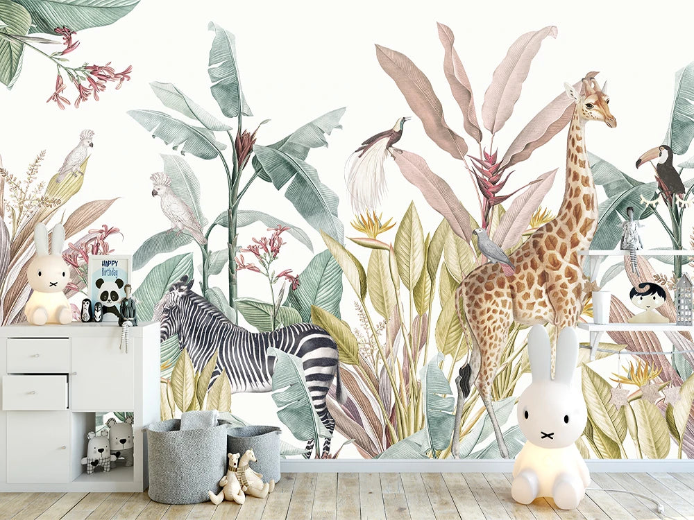 Giraffes and Zebras Safari Leaves Wallpaper Mural