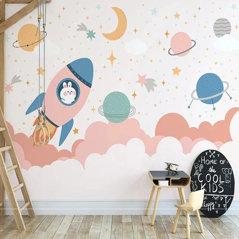 Bunny Rocket and Planets Nursery Wall Mural Wallpaper